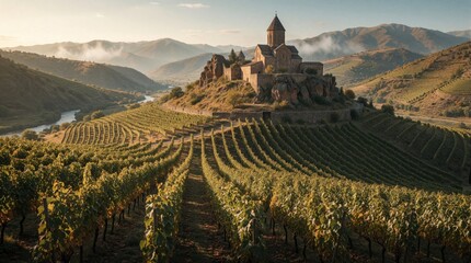 Naklejka premium Ancient stone monastery sits atop a hill amidst rich vineyards on rolling hills. A river flows nearby under a hazy sky. This scenic landscape offers a glimpse of rural life and winemaking heritage.