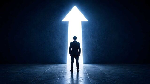 Businessman standing before a large glowing upward arrow doorway in a dark room, symbolizing career opportunity, leadership, and business vision.