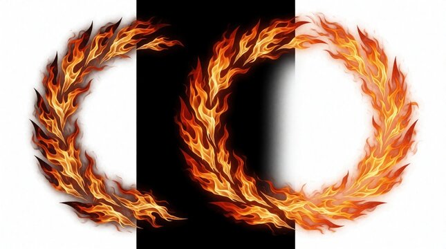 Fiery circular emblem composed of vibrant orange and yellow flames. It is displayed against a split black and white background, creating a strong visual contrast suitable for graphic elements.