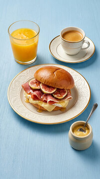 Gourmet brioche sandwich with Brie cheese, fig, and ham, served with espresso and fresh orange juice.