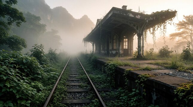Overgrown abandoned train station at misty morning. Railway tracks lead through dense vegetation towards decaying building. Nature reclaims forgotten transport hub in eerie quietness.