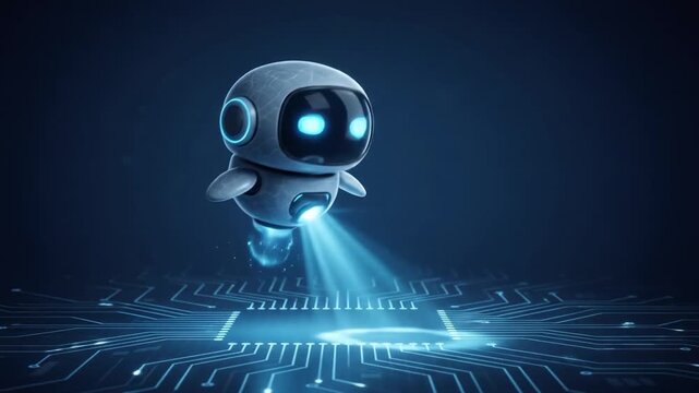 Floating AI Robot Assistant on Dark Digital Background
