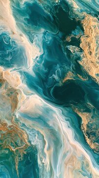 Acrylic paint mixes in slow clouds of teal, cream, and gold on a white background. The glossy motion shows detailed patterns and blending colors.