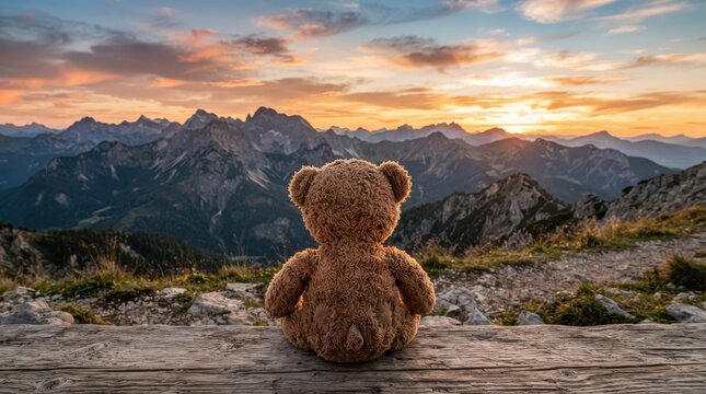 Teddy bear sitting on a wooden bench looking at mountain sunset