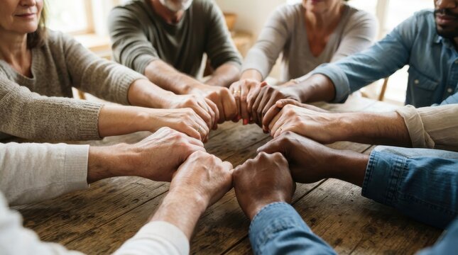 Diverse group of people putting fists together in unity around wooden table