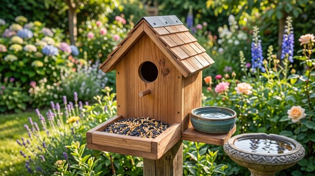 Rustic wooden birdhouse with bird feeder and water bowl, cedar bird house in blooming summer garden, backyard wildlife sanctuary