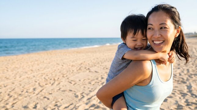Joyful Asian mother carrying her little son on her back at beach
