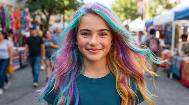 Young girl with colorful rainbow hair smiling in outdoor market street