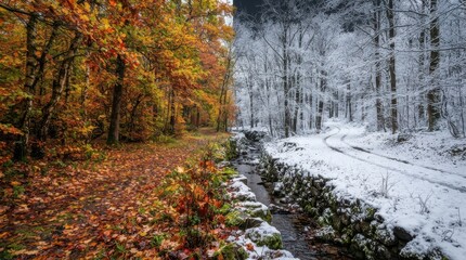 Fototapeta premium Autumn and winter season change in forest landscape with stream