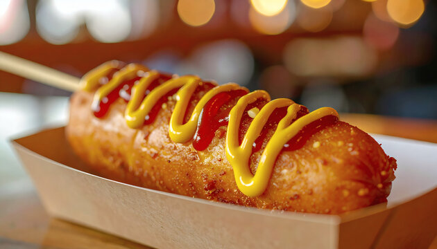 Corn dog with mustard and ketchup drizzle served in a paper tray on a blurred wooden table background closeup