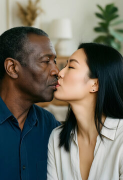 Interracial couple kissing love and relationship goals diverse partnership and intimacy multiethnic couple at home