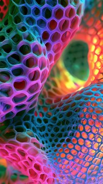 Kinetic sand strands are slowly extruding through a mesh, forming shapes with bright light and various colors in a soft, flowing manner.