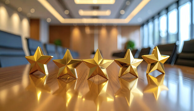Five golden stars standing on a polished wooden conference table in a modern corporate office interior with blurred background lighting