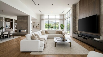 Naklejka premium Modern luxury living room interior with large sofa and television