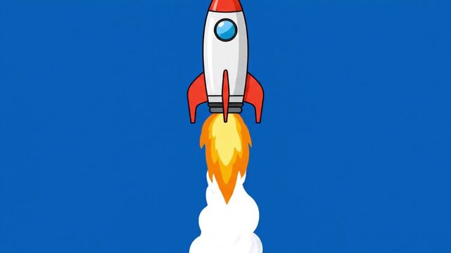 Cartoon Rocket Launching into Blue Sky with Fiery Exhaust.