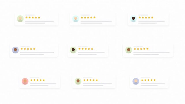 Clean animated user reviews speech bubbles animation with rating stars and diverse avatars for customer feedback concept on white background.