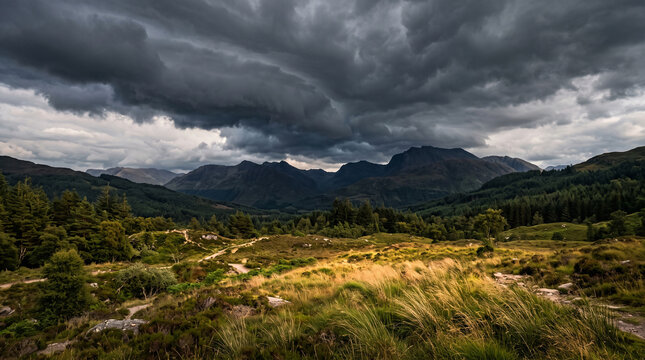 Dramatic storm clouds over rolling hills and mountains