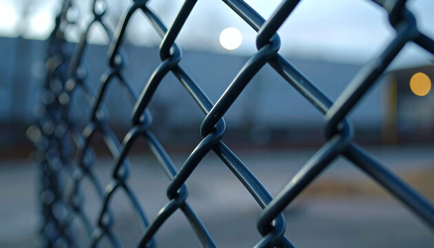 Chain link fence texture close up with blurred industrial background showing geometric diamond shapes and dark metallic wire material