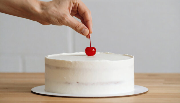 Cake decoration process with a hand placing a bright red cherry on top of a smooth white buttercream frosted cake