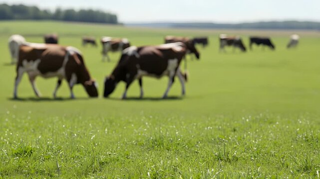 A group of cows grazes peacefully in a vibrant green field under a bright sky on a sunny day, showcasing sustainable agriculture and dairy farming.