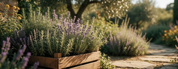 Fototapeta premium Fresh rosemary and lavender grow in wooden crate next to stone path. Blooming herb garden offers fragrant plants for cooking and wellness. Nature scene with green leaves and purple flowers.
