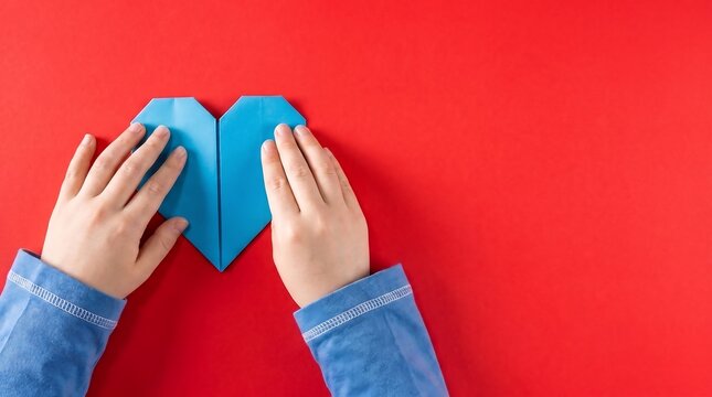 Child holding blue origami paper heart on red background