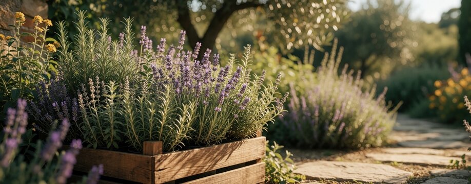 Fresh rosemary and lavender grow in wooden crate next to stone path. Blooming herb garden offers fragrant plants for cooking and wellness. Nature scene with green leaves and purple flowers.