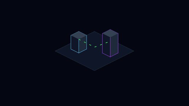 Isometric data connection between two digital cubes, network communication concept animation 4k