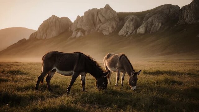 Two donkeys grazing in a serene mountain meadow at sunset
