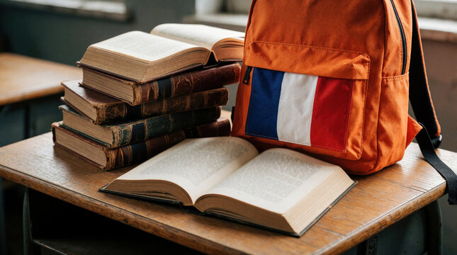 Pile of old books, orange backpack with French flag on wooden school desk. Student supplies for elementary class study at home. Education concept for kids in France during back to school season in