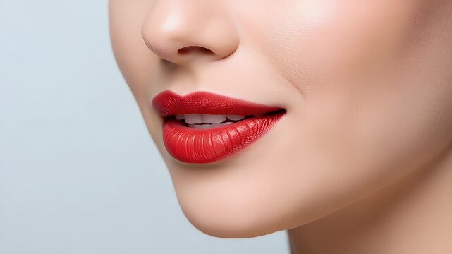 Close up of a woman's face featuring bright red lipstick on her lips, with a slight smile showing teeth