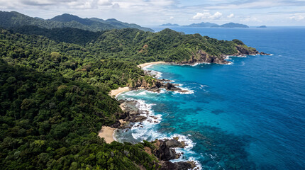 Fototapeta premium Aerial view of tropical coastline with jungle and blue ocean