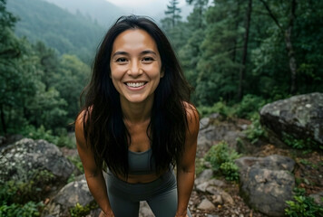Naklejka premium Outdoor adventure and healthy lifestyle, smiling young woman hiking in a lush green forest with natural light