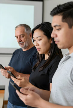 Digital distraction and smartphone addiction, diverse group of people focused on their mobile phones in a modern classroom setting