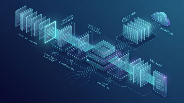 Isometric data processing workflow showing OCR, document scanning and digital archiving automation