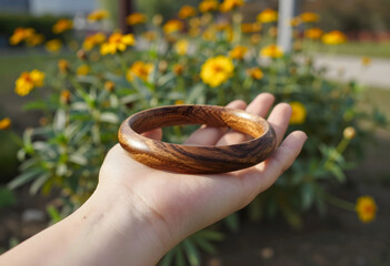 Naklejka premium Hand holding a natural wooden bangle bracelet, sustainable fashion and eco-friendly jewelry concept outdoors