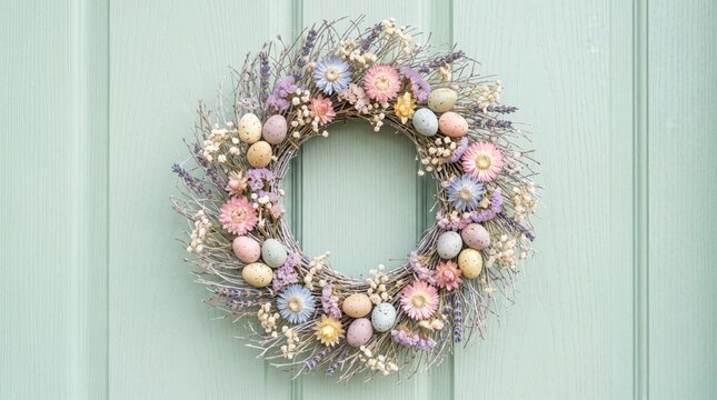 A beautiful spring wreath decorated with pastel easter eggs and dried flowers on a green door.