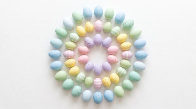 A circular arrangement of colorful pastel easter eggs creates a festive holiday display on white.