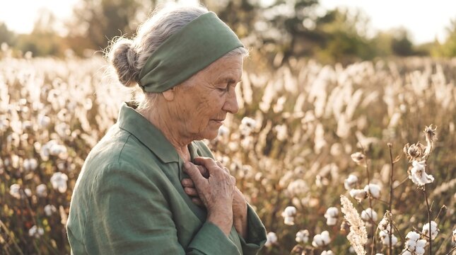 Serene elderly woman with hands on chest in a golden cotton field