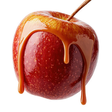 Luxurious deep crimson caramel apple with rich golden drips and silky glossy finish isolated on transparent background for premium chocolate brand content