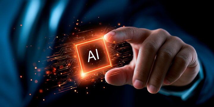 Businessman Interacting with Futuristic Artificial Intelligence Chip Hologram on Black Background