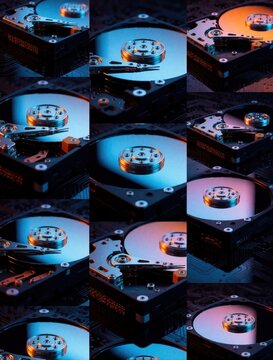 Grid of hard disk drive images showing close up mechanical parts. Digital storage hardware with shiny metal platters, read write heads. High tech HDD components for data center, computer memory, big