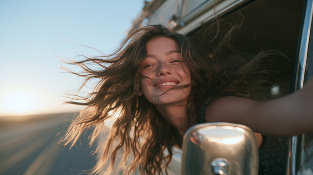 Joyful Woman Enjoying Road Trip Leaning Out Window