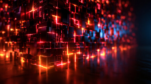 Futuristic Glowing Digital Cube Grid Technology Abstract Background