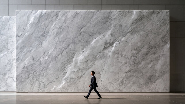 Businessman Walking in Modern Corporate Lobby with Marble Wall