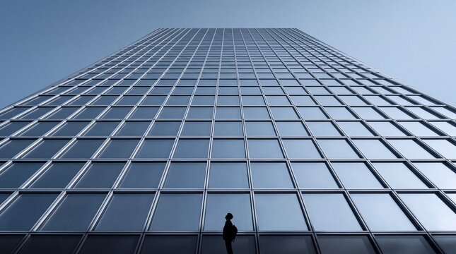 Low Angle View of Person Looking Up at Glass Skyscraper