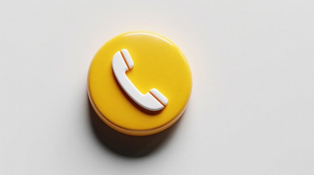 Yellow round button with white phone icon. Modern design for contact or call function. Simple graphic element for web or app interface. Minimalist illustration on light background.
