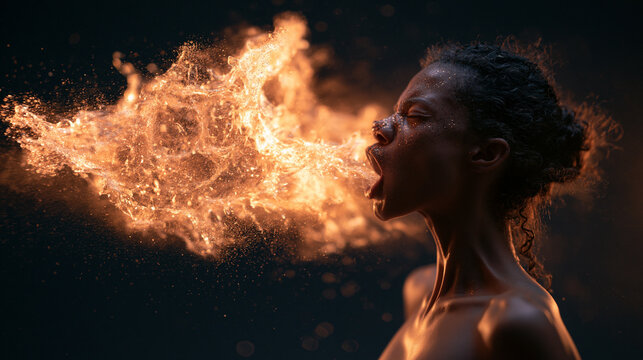 Fire Breather Woman Performing Dramatic Flame Exhale Show