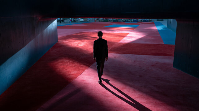 Businessman Walking into Sunlit Modern Plaza