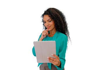 Businesswoman thinking and analyzing data on a digital tablet, managing strategy, transparent background © Komora